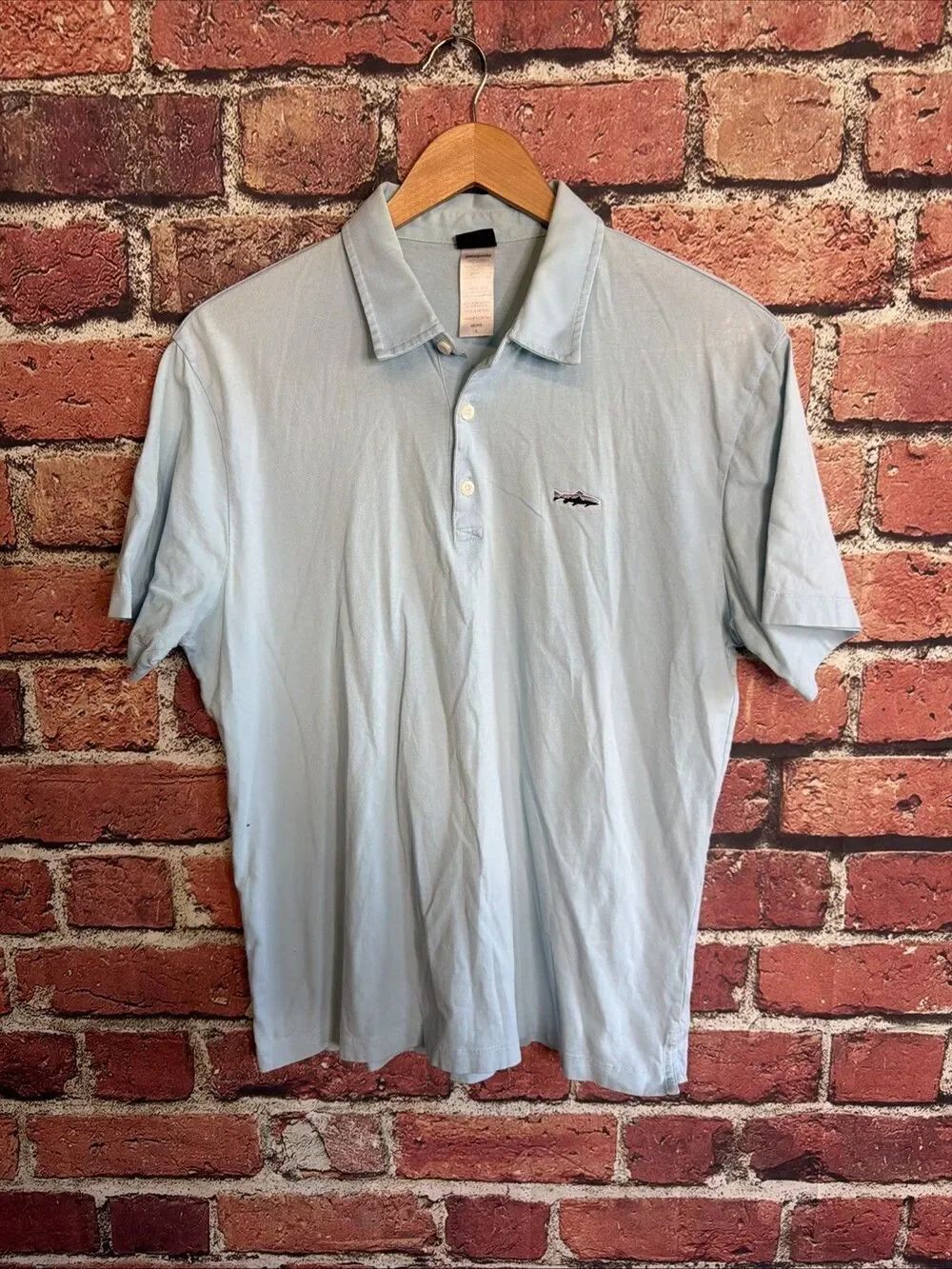 Patagonia Trout Fitz Roy Polo Shirt 52206 Mens Small Light Blue Trout Logo